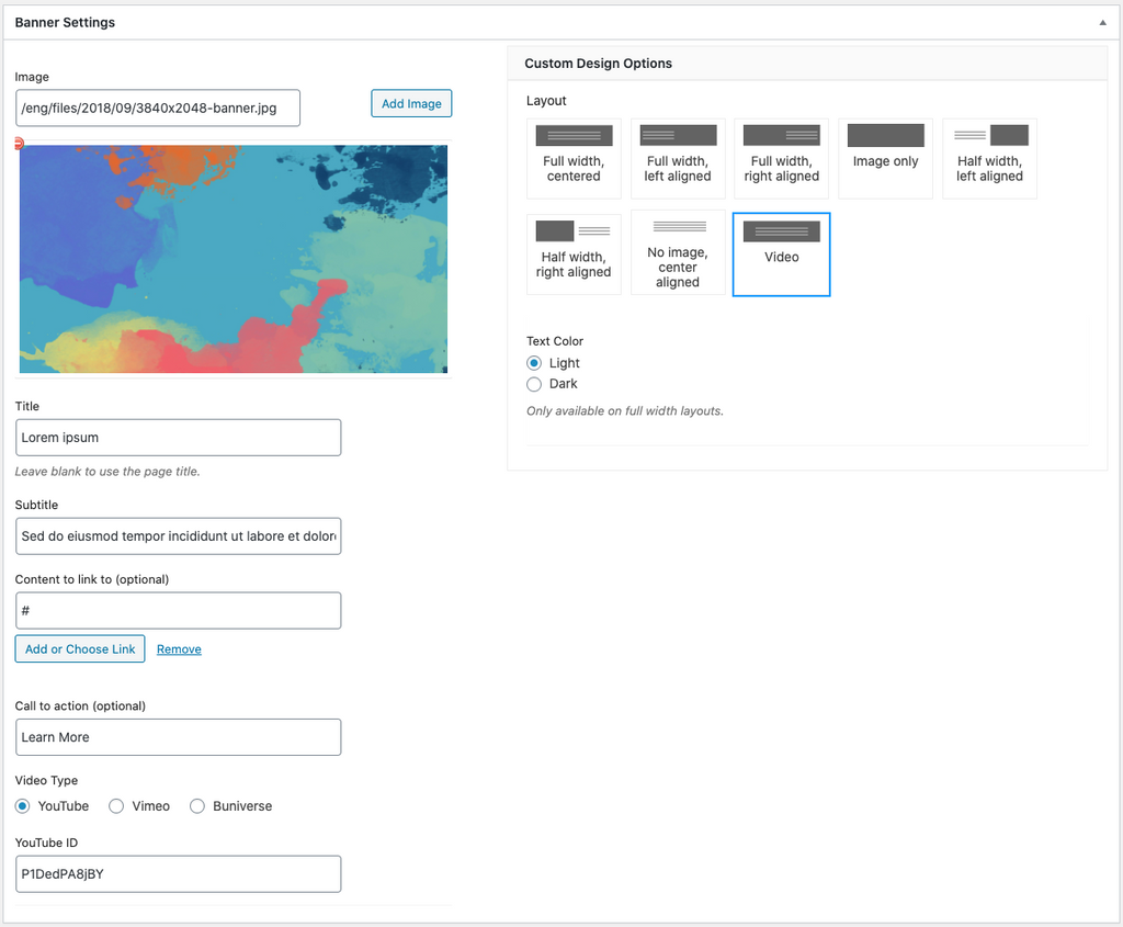 Wordpress editor showing options available for Video layout of BU Banners