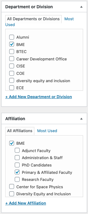 Wordpress editor showing "Departments or Divisions" and "Affiliations" selections on profiles