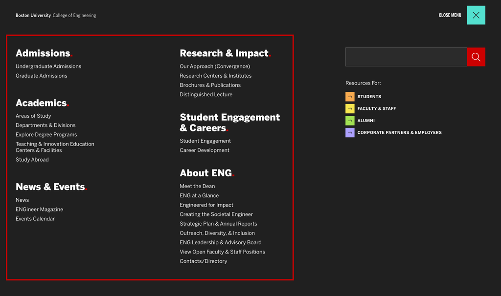 Visual indication on the primary navigation items within the expanded mega navigation