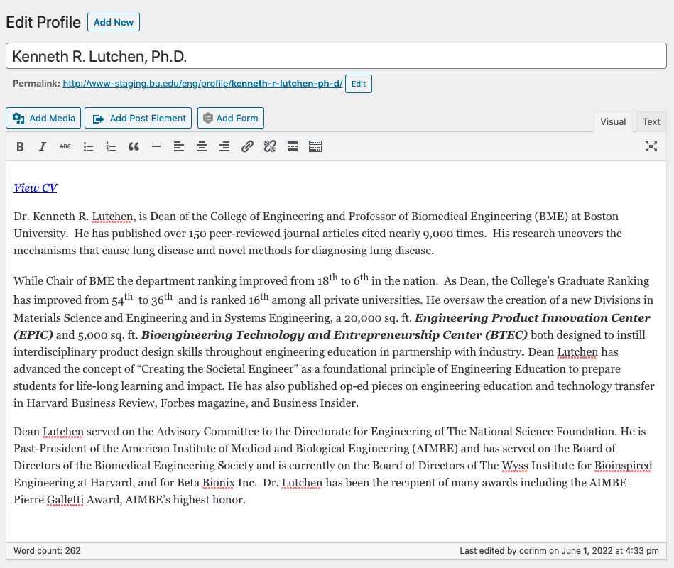 Backend of a profile showing the bio section of the WordPress editor