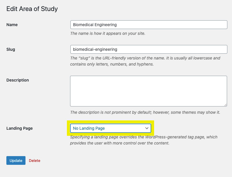 Area of Study editor showing field where you can set the landing page each area of study links to