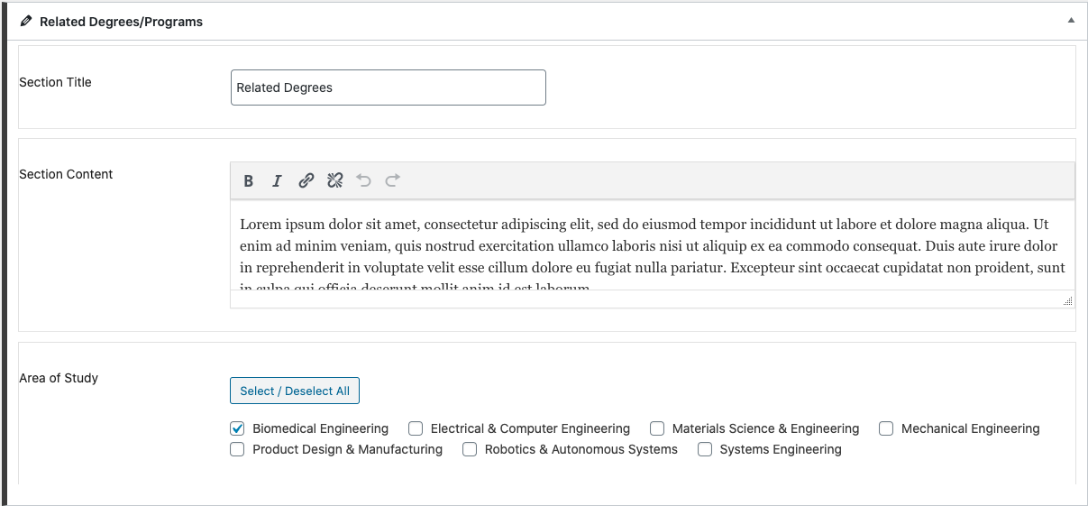 Related Degrees/Programs section of the WordPress editor