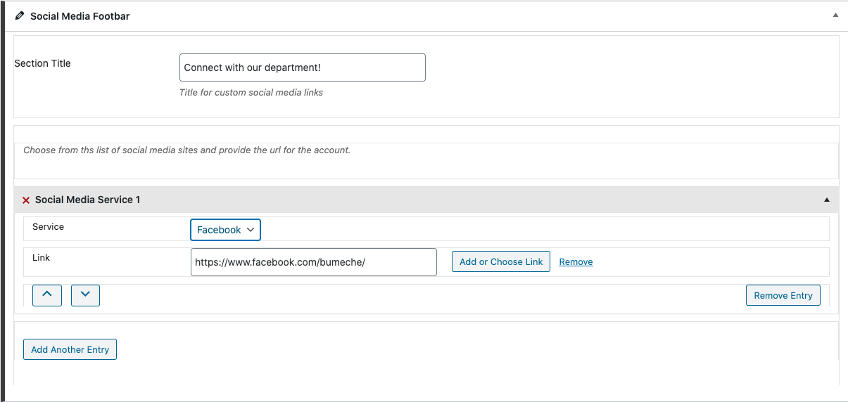 Department/Division specific social media footbar section of editor on pages using the landing page template