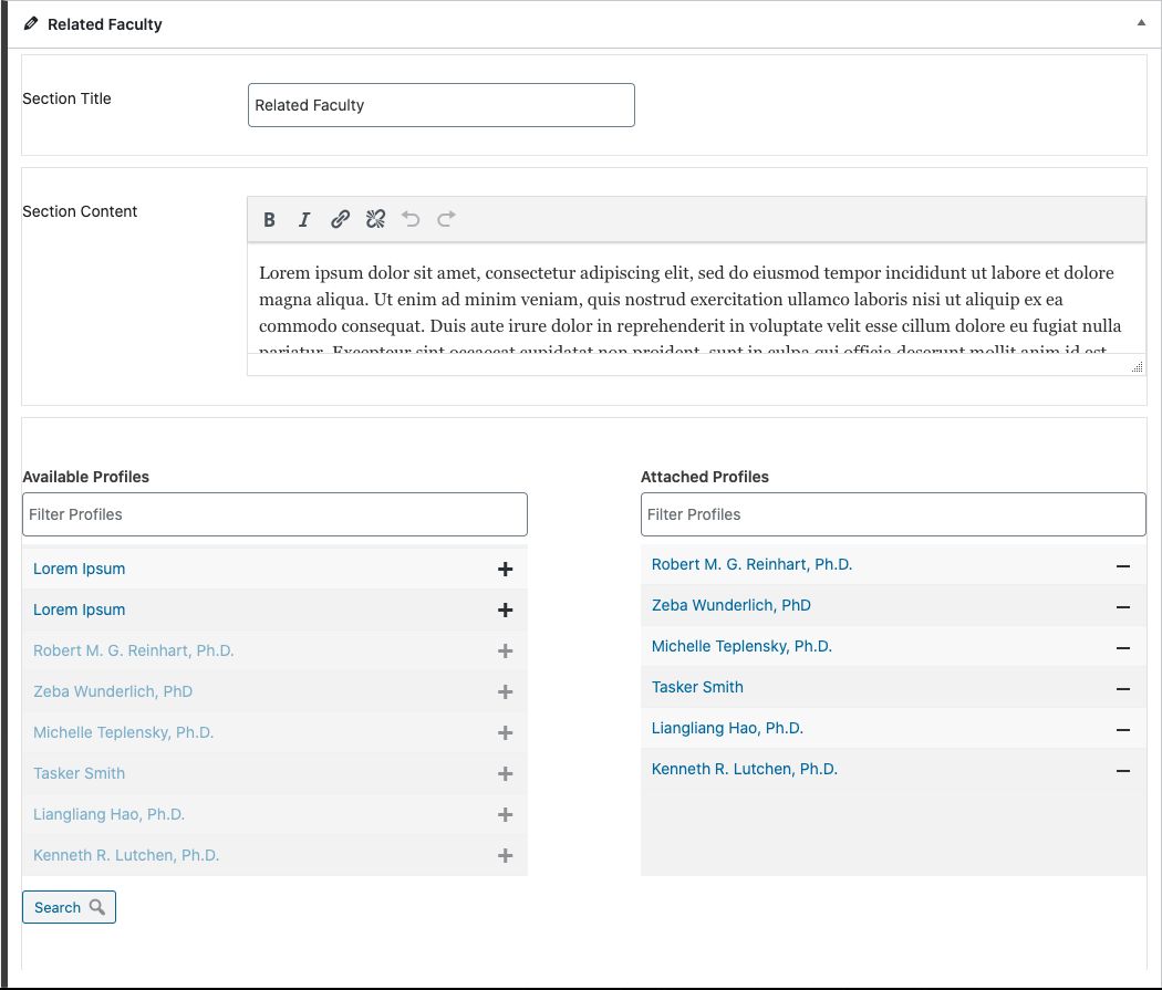 Related faculty section of WordPress editor