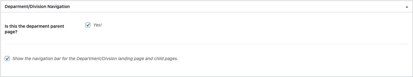 Check box indicating whether a landing page and its child pages should use the Department/Division navigation bar