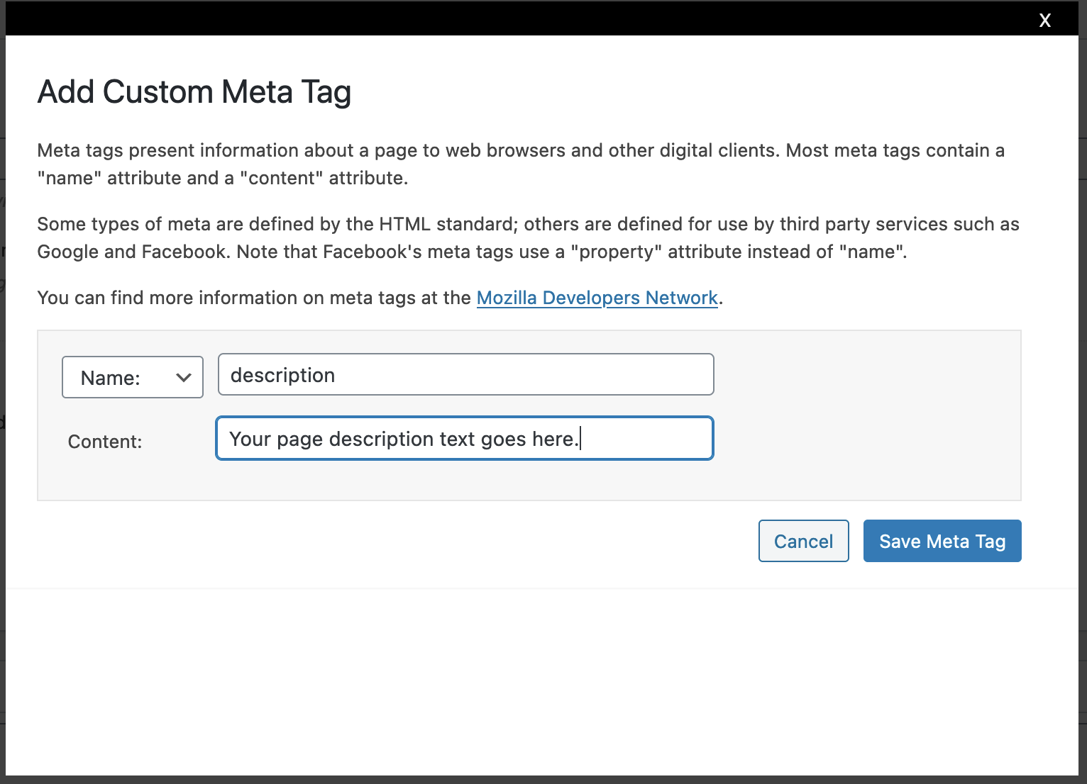 Adding a meta description to a page in the WordPress editor