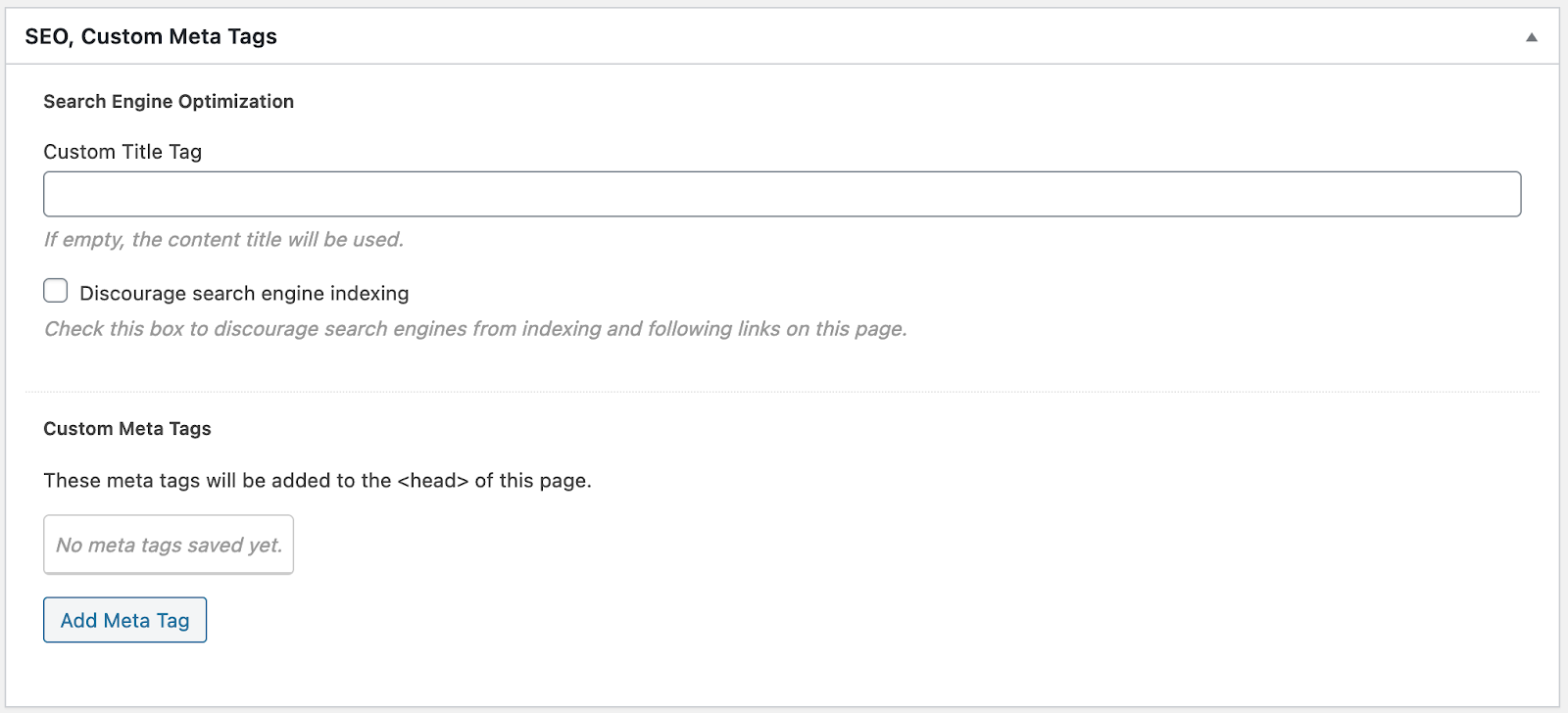 SEO, Custom Meta Tags panel in WordPress editor