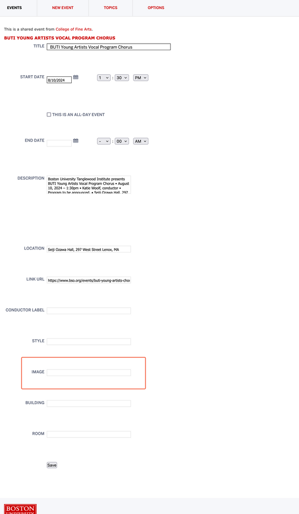 Screenshot of the BU Calendar edit screen. There is a red box hilighting the image field.
