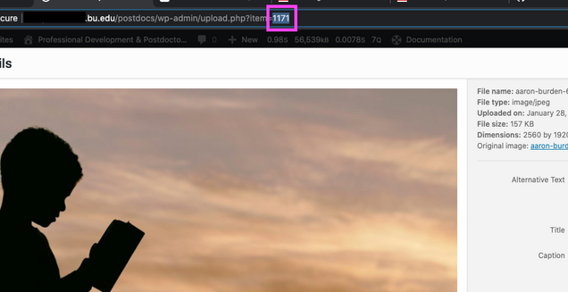 The Image ID number (outlined in Magenta, in this example, 1171) for the desired Event image can be found at the tail end of the browser's URL when an image is selected in the media library. 