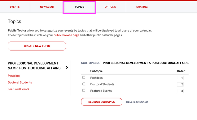 An active TOPICS tab(outlined in magenta) in the BU Calendar.