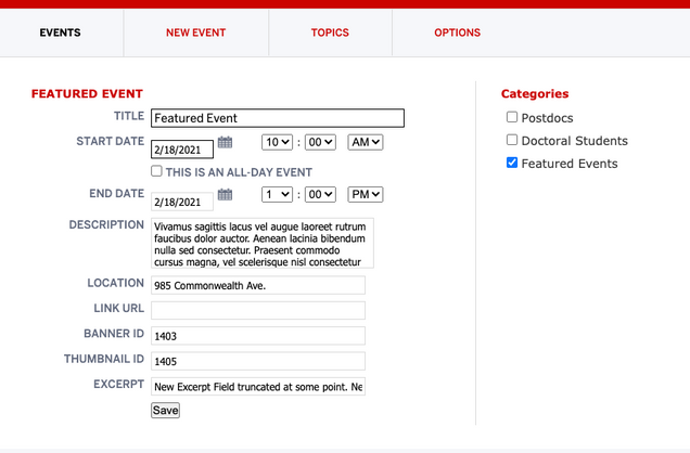 An example event with the Featured Event Category active.